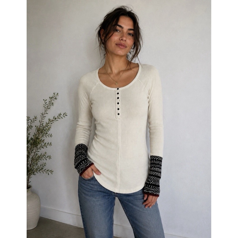 Free People Top Women L Newbie Thermal Alpine Henley Cuffs Cream Black